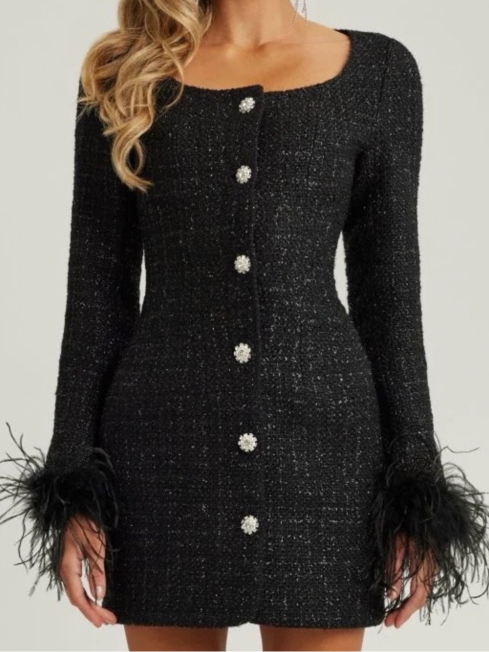 Black Tweed Mini Dress with Pearl Buttons and Feather Cuffs